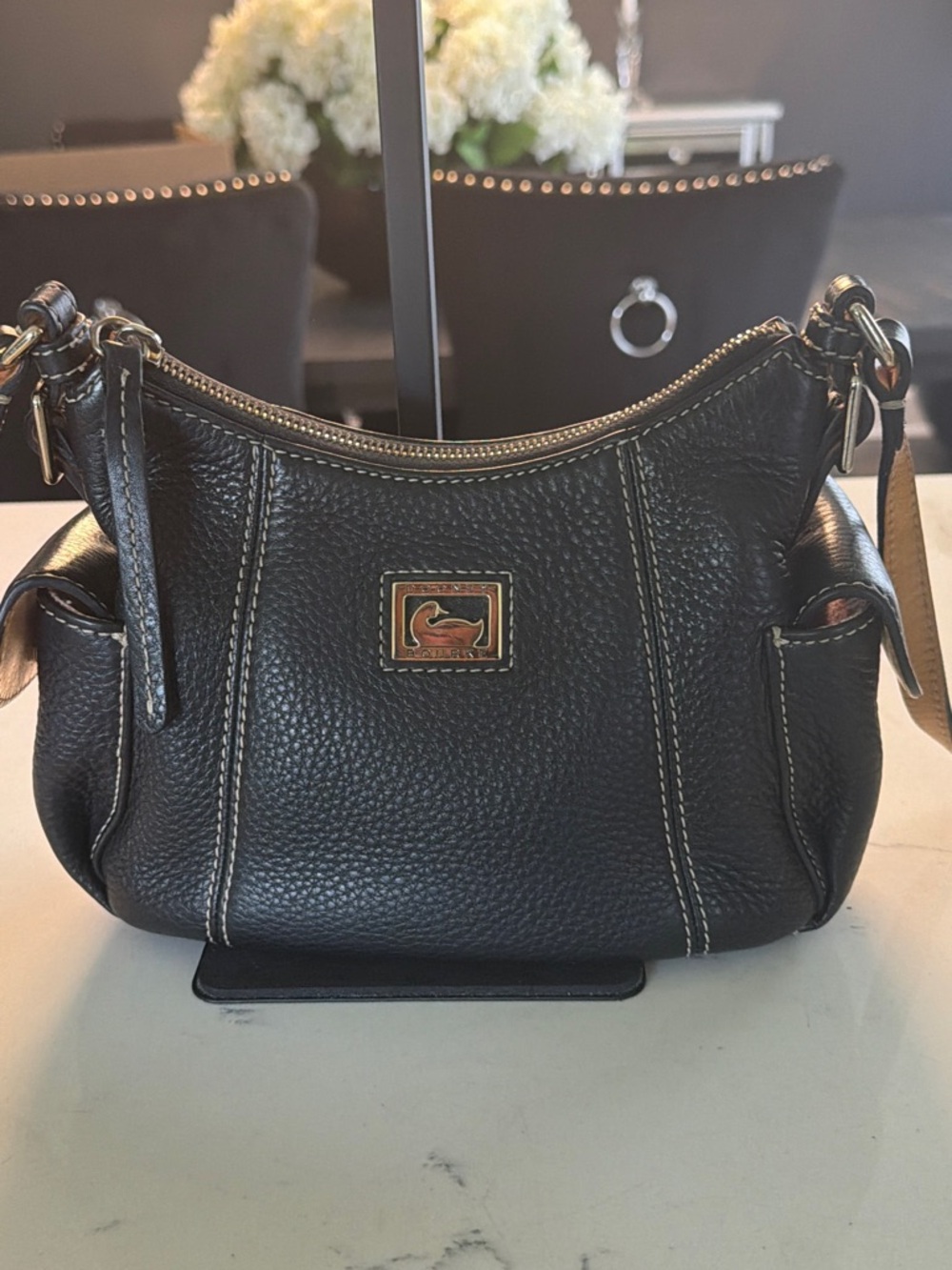 Dooney & Bourke Black Pebbled Leather Shoulder Bag with Gold Plaque